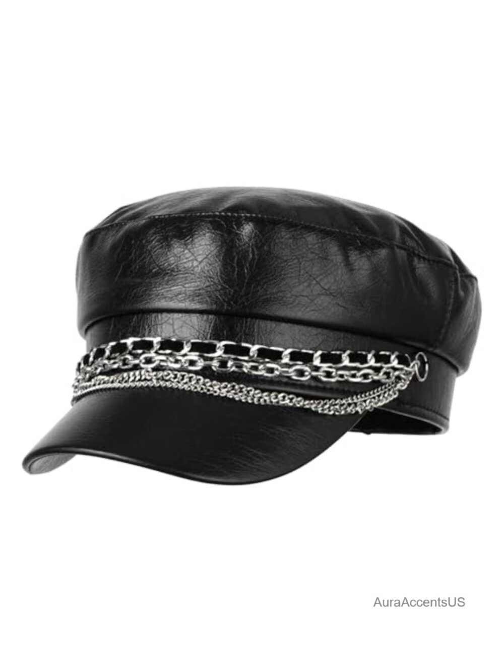 PU Leather Newsboy Cap Flat Top Painter Hat Adjustable Chain Accent